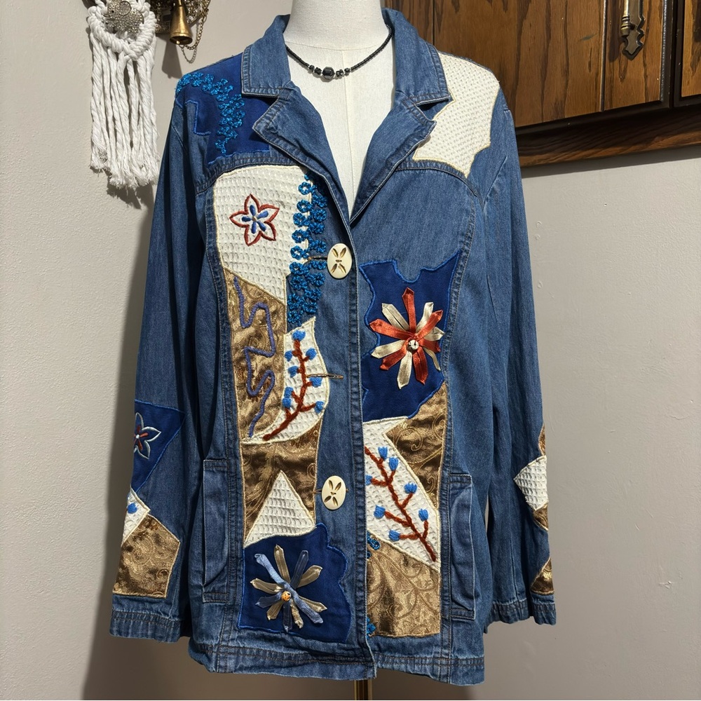 Allure Vintage Long Sleeve Button up Embroidered Denim Shirt Size Large